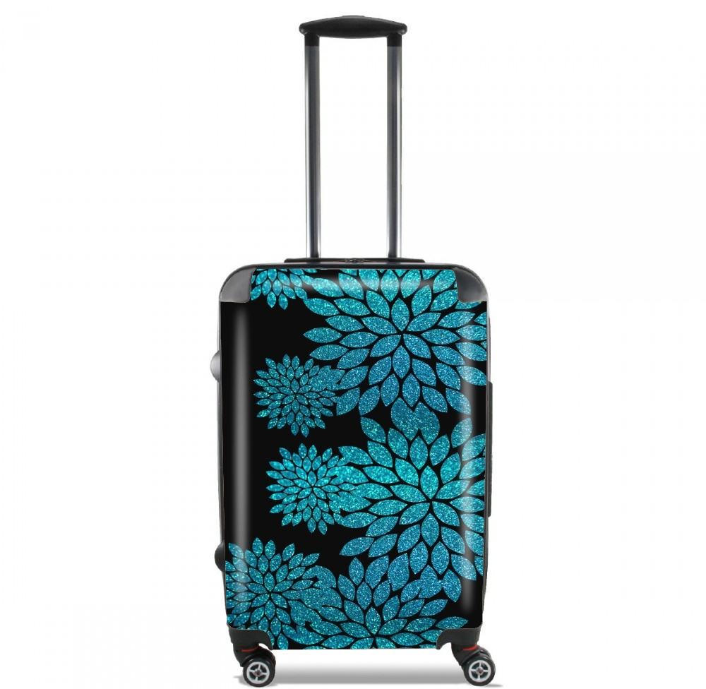 Valise trolley bagage L pour aqua glitter flowers on black
