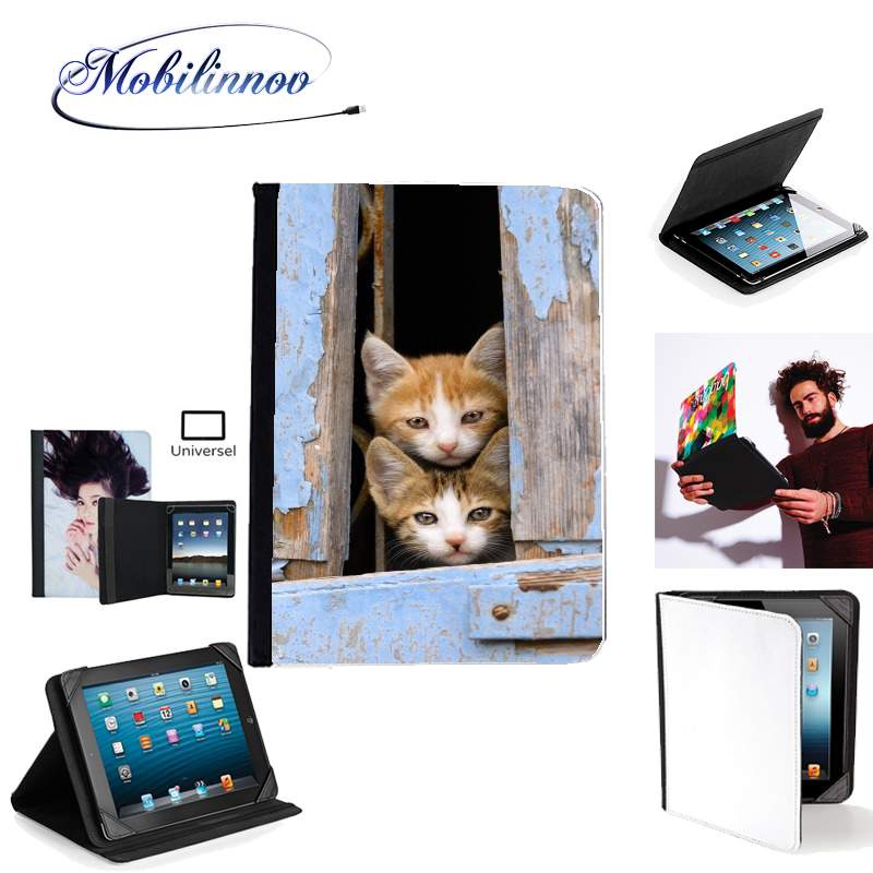 Étui Universel Tablette pour Petits chatons mignons à la fenêtre ancienne