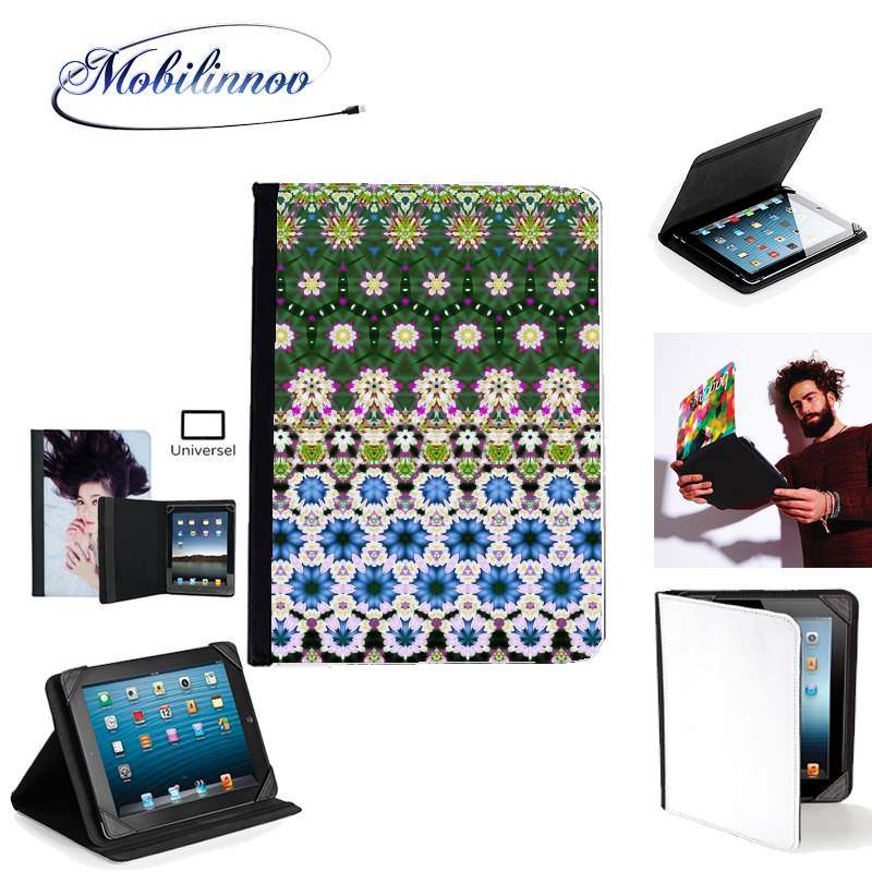 Étui Universel Tablette 7 pouces pour Abstract ethnic floral stripe pattern white blue green