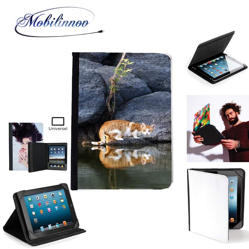 Étui Universel Tablette 7 pouces pour  Reflet chat dans l'eau d'un étang 