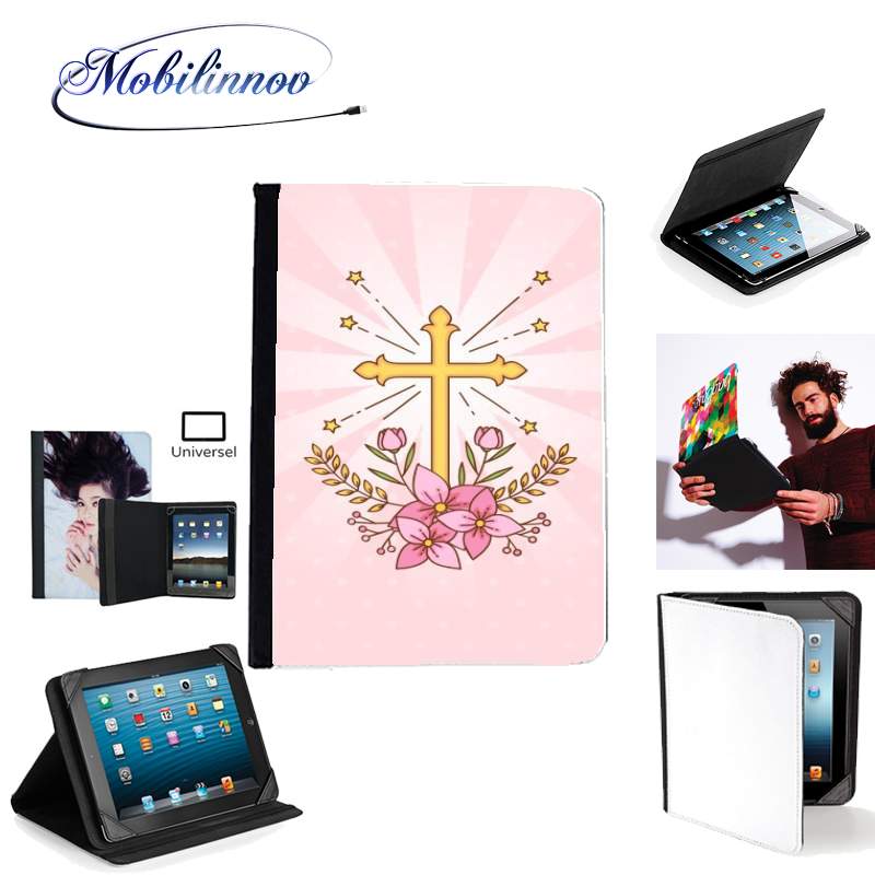 Étui Universel Tablette 7 pouces pour Croix avec fleurs  - Cadeau invité pour communion d'une fille