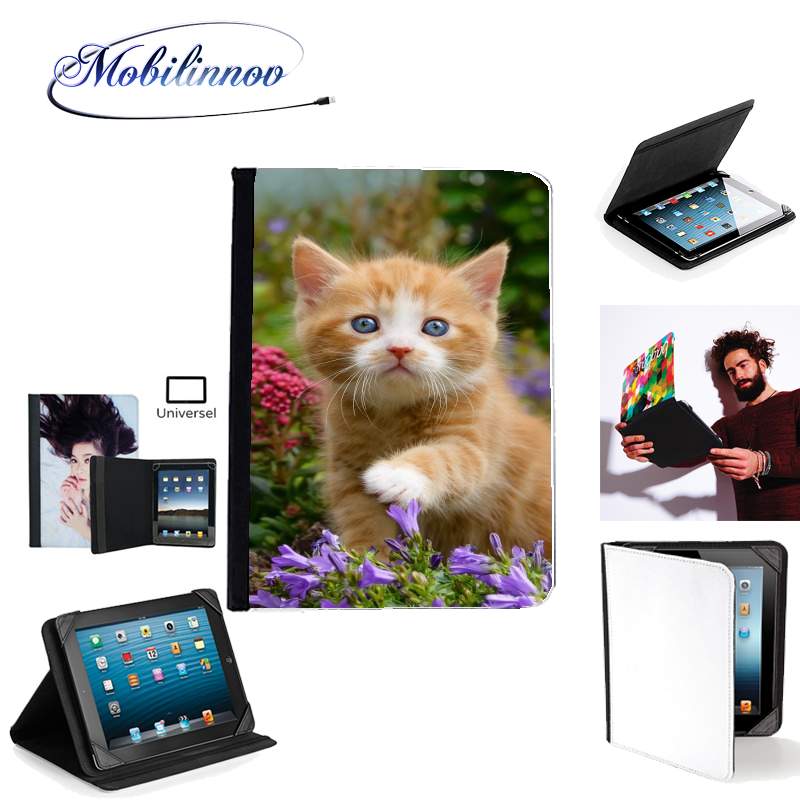 Étui Universel Tablette 7 pouces pour Bébé chaton mignon marbré rouge dans le jardin