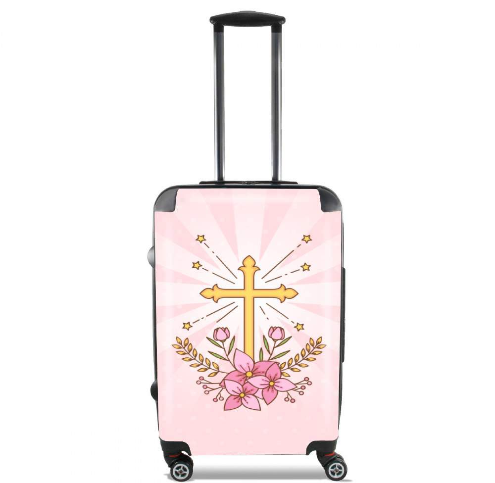 Valise trolley bagage L pour Croix avec fleurs  - Cadeau invité pour communion d'une fille